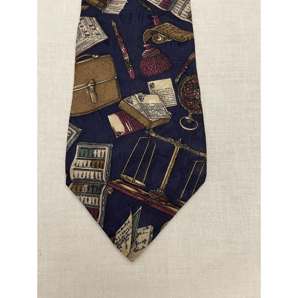 Zylos George Machado Men's 4" Silk Neck Tie Navy Blue Books Office Academia 59"